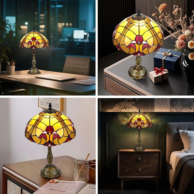 Luxury 12" Tiffany Style Table Lamp with Stained Glass & Baroque Design – Elegant Tiffany Lamp for Living Room, Bedroom, Office Decor | Includes LED Bulb, UL-Certified, Premium Resin Base