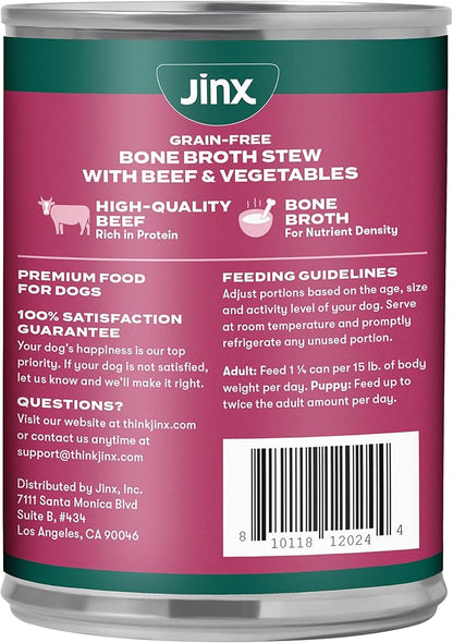 Jinx Bone Broth Stew for Dogs - Beef & Vegetables Recipe - Grain-Free Wet Dog Food & Topper for Picky Eaters - Promotes Lean Muscle Growth, A Healthy Coat & Improved Digestion - 13 Oz, 12 Pack