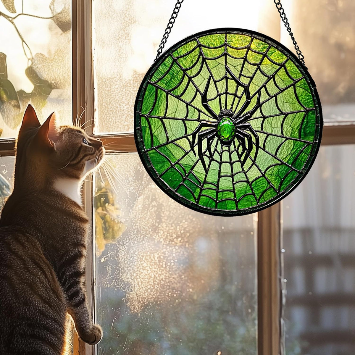 Stained Glass Window Hanging - Black Green Horror Spider Web Suncatcher for Doors Garden Patio Sun Catchers Decor Christmas Halloween Birthday Gifts for Women Men Mom Nana Friend 9.8 in