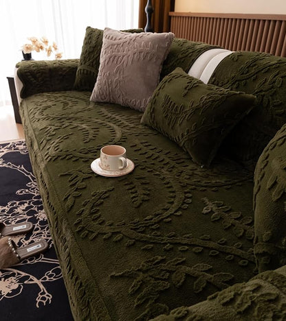 Green Fuzzy Rabbit Plush Sofa Cover Cozy Warm Sofa Couch Covers with 3D Jacquard Leaf Pattern Non-Slip Easy-to-Install Shaggy Sofa Slipcover Prefect for Kids Dogs Cats Cats(Green,36"x28")