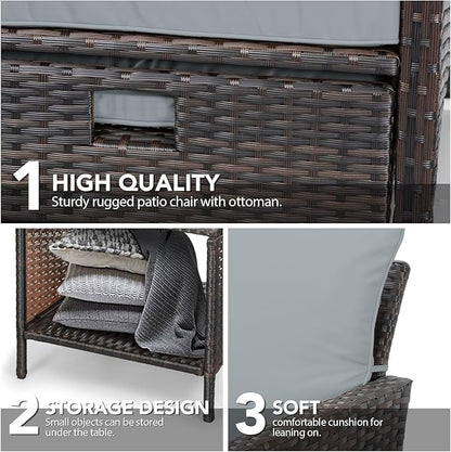 LEVELEVE Balcony Furniture 5 Piece Patio Conversation Set, PE Wicker Rattan Outdoor Lounge Chairs with Soft Cushions 2 Ottoman&Glass Table for Porch, Lawn-Brown Wicker