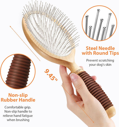Dog Brush for Long Haired Dogs, 27mm Extra Long Pin Brush for Grooming, Shedding - Beech Wood Material, Non-Slip Rubber Handle, Round-Tipped Pins