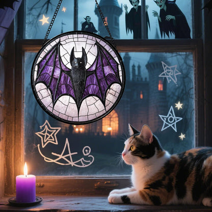 Stained Glass Window Hanging - Halloween Black Bat Purple Wings Monster Suncatcher for Doors Garden Home Spooky Sun Catchers Gothic Decor Horror Gift for Women Men Friend Boy Girl 6.3 in