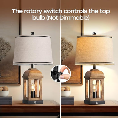 QiMH Table Lamp for Living Room, Farmhouse Lamps with USB A+C and Nightlight, 26" Rustic Bedside Lamps with 3-Way Dimmable Touch Control, Nightstand Lamp for Bedroom, Wood Grain, 1 Pack