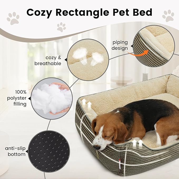 Miguel Dog Bed with Removable Cushion/Pillow for Medium Small Dogs, Washable Pet Bed with Side Easy to Wash Puppy Bed, Large Rectangle Cat Bed for Indoor Cat with Anti-Slip Bottom, Khaki 25 Inch