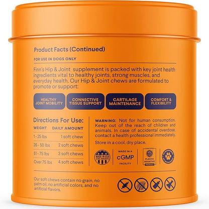 Finn Hip and Joint Supplement for Dogs | Glucosamine, Chondroitin & MSM for Joint and Mobility Support | with Turmeric, BioPerine and B-Vitamins | 90 Soft Chews