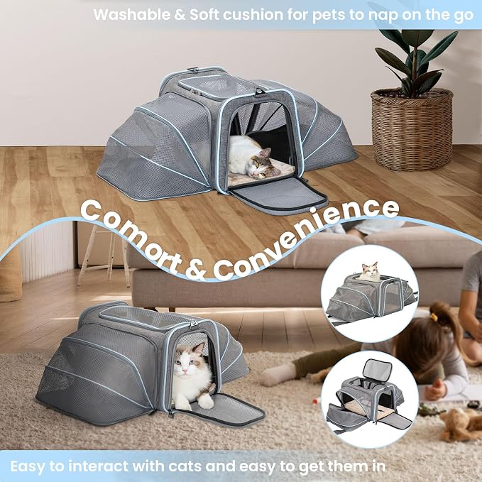 Petsfit Expandable Cat Carrier for 2 Cats Small Dog Carriers, Soft-Sided Portable Washable Pet Travel Carrier with Two Extension for Kittens, Puppies, Rabbits, 19 x 12x 12 inches, Light Grey