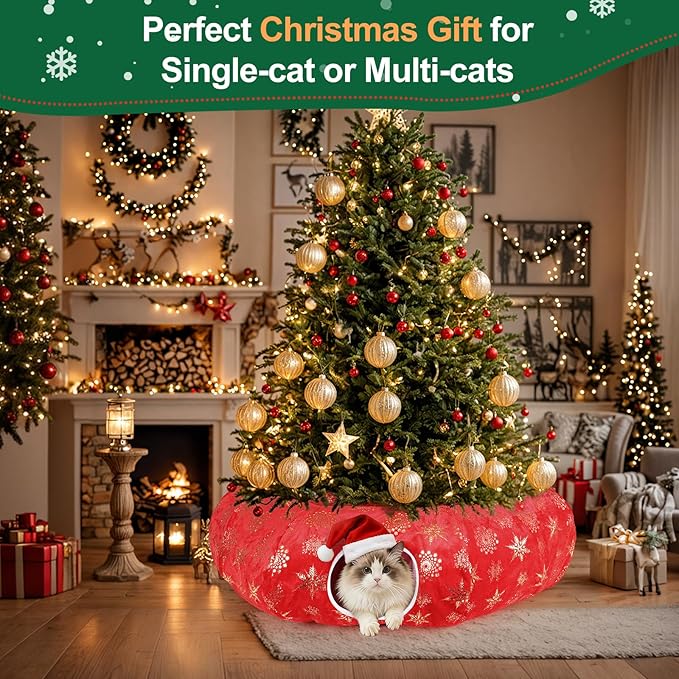Cat Tunnel Bed for Indoor Cats, XL Christmas Tree Skirts Washable Warm Soft Indoor Cat Donut Tunnel, Multifunctional Cat Interactive Playground Toys for Felines Pet Christmas Tree Decoration