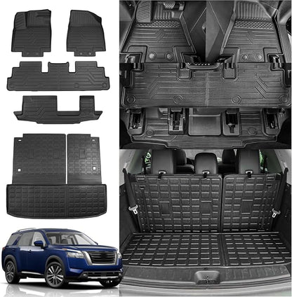Rongtaod Floor Mats Compatible with 2022-2025 2026 Nissan Pathfinder 7&8 Seats Cargo Liner Cargo Mat Trunk Liner Back Seat Cover 2024 Pathfinder Accessories (Trunk Mat with Backrest Mat+Floor Mats)