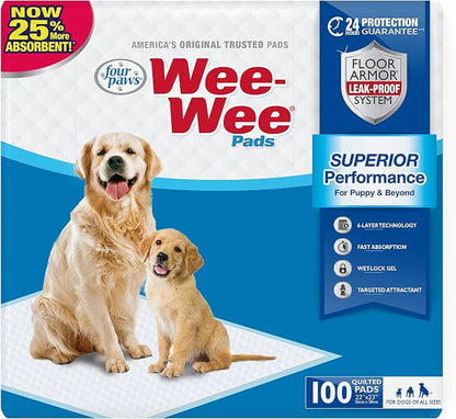 Four Paws Wee-Wee Superior Performance Unscented Pee Pads for Dogs & Puppies, Quilted Leak-Proof Dog Housebreaking Potty Training Floor Protection, 22" x 23", 100 Count