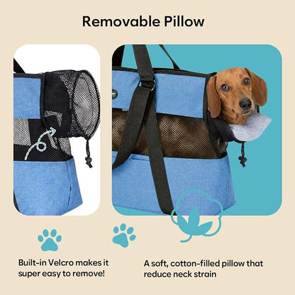 Ownpets XL Cat Dog Purse Carrier, Blue Breathable Mesh, Fits 20lbs | Summer ventilation, lightweight design, shoulder strap, travel vet shopping, blue