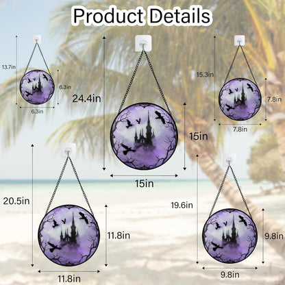 Stained Glass Window Hanging - Halloween Gothic Castle Purple Smoke Suncatcher for Doors Garden Home Spooky Crow Sun Catchers Gothic Decor Horror Gift for Women Men Friend Boy Girl 9.8 in