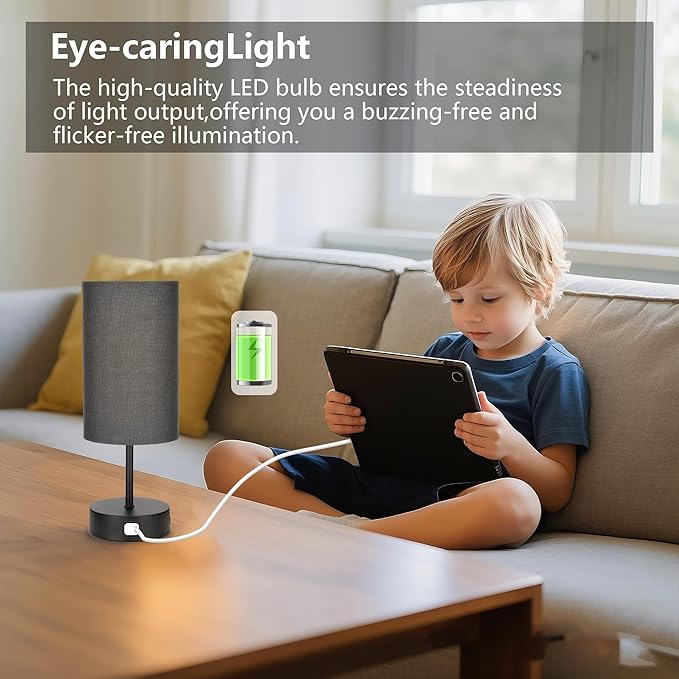 Bedside Table Lamp for Bedroom - 3 Way Dimmable Touch Lamp USB C Charging Ports and AC Outlet, Black Base Round Flaxen Fabric Shade for Living Room, Desk, LED Bulb Included(Black)