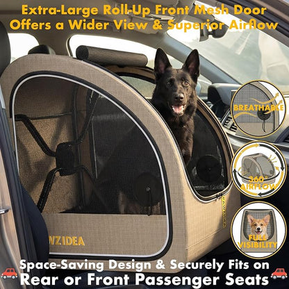 PAWZIDEA Portable Dog Crate for Car Travel, Medium & Large Dogs Up to 80lbs | Enclosed Soft-Sided Dog Car Kennel for Backseat, Secures w/ Seatbelt & Headrest Strap, Collapsible Car Carrier, Chew-Proof