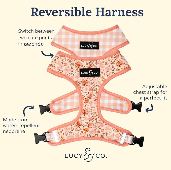 Lucy & Co. Reversible Dog Harness - Water-Repellent Neoprene, Dual-Print Design, Easy Swap Style, Adjustable Comfort Fit - Woodland Wildflowers Reversible Harness - X-Small