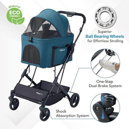 ibiyaya Essential – Travois Tri-Fold Pet Travel System for Medium Dogs, Cats, and More, 3 in 1 Dog Stroller with Detachable Carrier, XL Cabin (Nautical Blue)