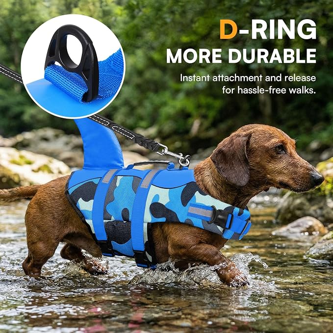 Dog Life Jacket Ripstop Dog Shark Safety Vest Adjustable Preserver with High Buoyancy and Durable Rescue Handle for Small,Medium,Large Dogs, Blue Camouflage Medium