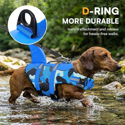 Dog Life Jacket Ripstop Dog Shark Safety Vest Adjustable Preserver with High Buoyancy and Durable Rescue Handle for Small,Medium,Large Dogs, Blue Camouflage Medium