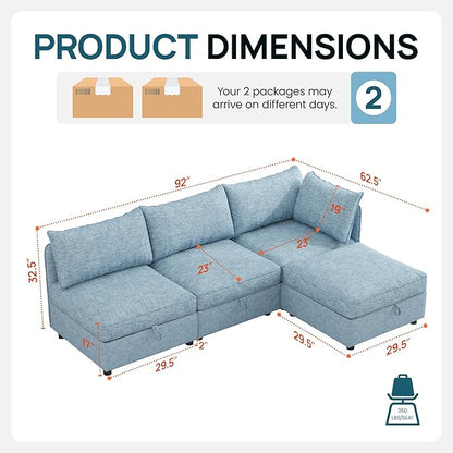 FIRLZY Modular Sectional 4 Seater Sofa with Removable Covers and Storage, Convertible L-Shaped and Sleeper Sectional, Modern Upholstered Couch with Removable Ottoman for Living Room, Blue