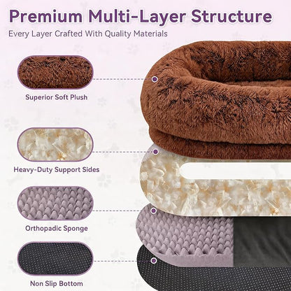 Human Dog Bed, Oversized Plush Lounger Bed with Plump Pillow and Blanket | 71" x 45" x 12" Long Plush Polyester Floor Nest for Relaxing, Napping, Reading, and Family Cuddle Time - Dark Brown