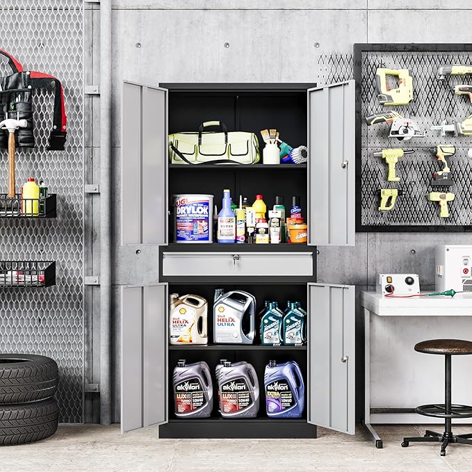 MIIIKO Storage Cabinet with 4 Doors, Metal Garage Cabinet with Drawer and