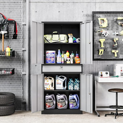 MIIIKO Storage Cabinet with 4 Doors, Metal Garage Cabinet with Drawer and