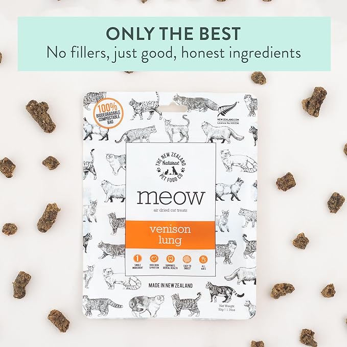 The New Zealand Natural Pet Food Co Meow Air Dried Cat Treats - Venison Lung, High Protein, Healthy Cat Snacks and Toppers, All Natural for All Life Stages, 1.76 oz
