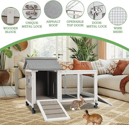 Gowoodhut 38.19"L Rabbit Hutch Indoor and Outdoor with 4 Wheels,Wooden Rabbit Cage with Pull Out Leak-Proof Tray for 1-2 Rabbits,Bunny Hutch with Asphalt Roof Suitable for Garden,Park,Living Room,Grey
