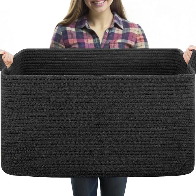 70L Large Blanket Basket, 21.6" x 16.9" x 11.8" Woven Storage Basket for Living Room, Nursery Blanket Storage for Toys, Towels, Dirty Clothes (Black)