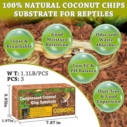 ZeeDix 3 Pack Coconut Husk for Reptiles, Organic Coconut Fiber Reptile Terrarium Substrate, Coco Husk Chips Reptile Bedding for Snakes, Tortoises, Ball Python, Geckos, Lizards, Hermit Crab, Tarantula