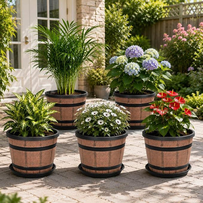 14 Inch Whiskey Barrel Planters with Drainage Holes & Saucer, 5 Pack Plastic Plant Pots with Wine Barrel Design, Flower Pots for Indoor Outdoor Balcony