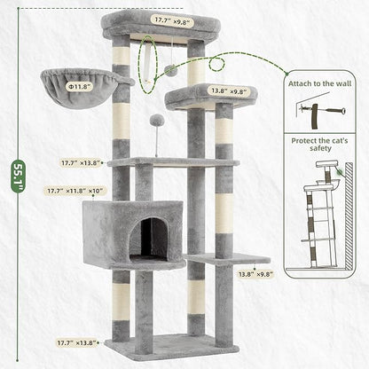 Gitelsnour Cat Tree for Indoor Cats, 55.1 inch Cat Tower with 7 Sisal Scratching Posts, Multi-level Cat Condo wit Large Play Platform Furry Ball, Cat Cave, 2 Padded Perches, Basket, Light Gray GCT013W