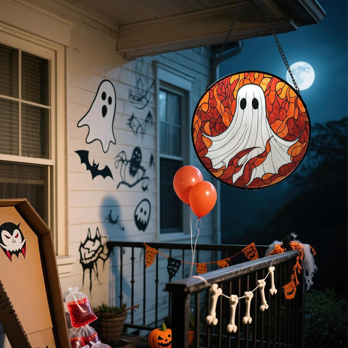 Stained Glass Window Hanging - Halloween Decorations White Ghost Orange Sky Suncatcher for Doors Garden Funny Spooky Sun Catchers Gothic Decor Horror Gifts for Women Men Friend Boy 6.3 in
