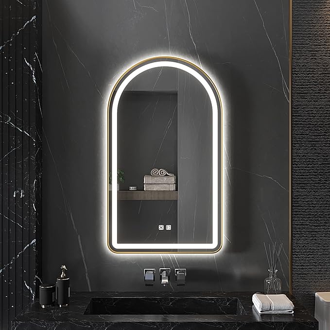 30x40 inch Gold Tempered Glass LED Arched Mirror