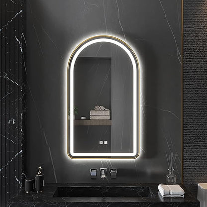 30x40 inch Gold Tempered Glass LED Arched Mirror