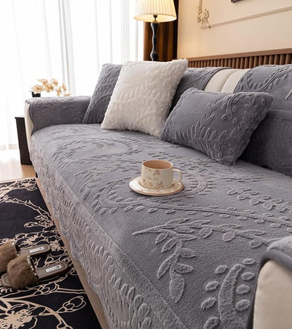 Grey Fuzzy Rabbit Plush Sofa Cover Cozy Warm Sofa Couch Covers with 3D Jacquard Leaf Pattern Non-Slip Easy-to-Install Shaggy Sofa Slipcover Prefect for Kids Dogs Cats Cats(Grey,36"x28")