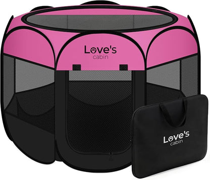 Love's cabin Pet Puppy Dog Playpen, Large Dog Tent Crates Cage Indoor/Outdoor, Portable Playpen for Cat, Foldable Pop Up Dog Kennel Playpen with Carring Case, Removable Zipper Top, Pink