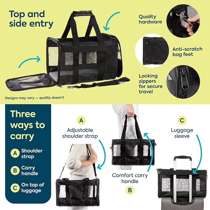 Sherpa Pet Carrier Airline Approved with Spring Wire Frame - Cat & Dog Carrier for In-Cabin Travel, Mesh Ventilation, Locking Zippers - Black Lattice, Large