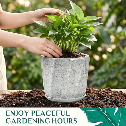 7.8 Inch Ceramic Plant Pot with Drainage Hole Mesh Net, Large Flower Pots for Indoor Plants with Saucer, Gardening Pots Outdoor(Gray-dot)
