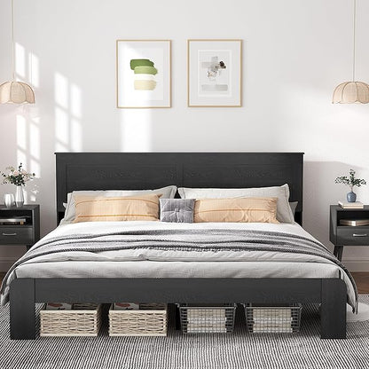 King Size Bed Frame, Rustic Vintage Platform Bed Frame with Wood Headboard and Footboard, 12 Wood Slats Support, No Box Spring Needed (Black, King)