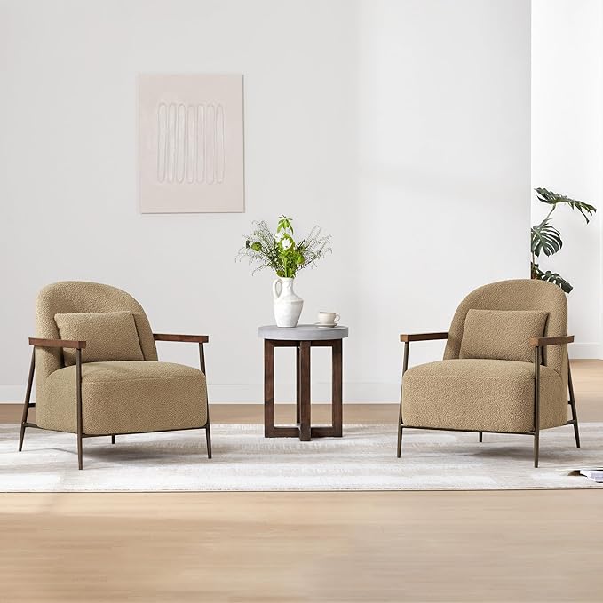 CHITA Accent Chair for Living Room Set of 2, FSC Certified Modern Upholstered Faux Sherpa Fabric Armchair with Metal Frame and Wooden Armrests, Camel