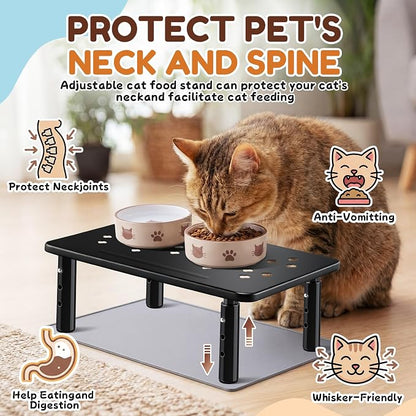 Dreyoo 2 Set Adjustable Cat Food Stand, Black,Gray Mat | Fits Most Auto Feeders, Cat Food Stand, 3 Level Stand, Non Slip Silicone Mats, Elevated Feeding Table, Cats Small Dogs