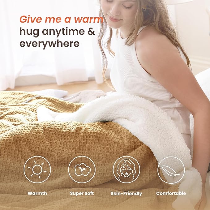 Heated Blanket Electric Blanket Full Waffle, 72x84 Inches Sherpa Fleece Fast