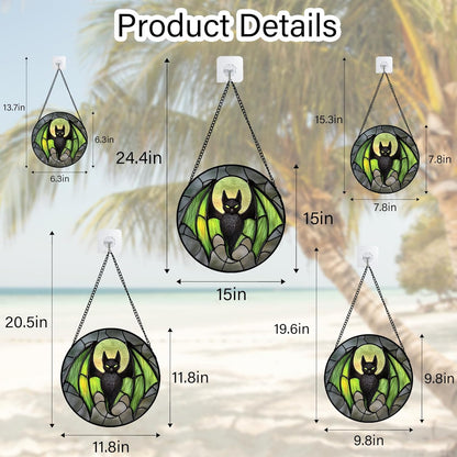 Stained Glass Window Hanging - Halloween Black Bat Green Wings Monster Suncatcher for Doors Garden Home Spooky Sun Catchers Gothic Decor Horror Gift for Women Men Friend Boy Girl 6.3 in