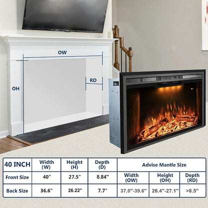 40“ Electric Fireplace Insert, 750W/1500W Fireplace Heater