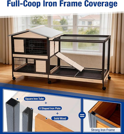 Large Rabbit Hutch Indoor with Chew-Proof Full Metal Frame, Bunny Cage Outdoor with 2-Story Guinea Pig Cages with 6 Wheels, 3 Pull-Out Trays, Waterproof Asphalt Roof, 62" L - Orange