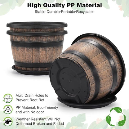 Quarut Large Plastic 4 Pack14 inch Plant Pots,Whiskey Barrel Planters with Drainage Holes & Saucer.Flower Pots Imitation Wine Barrel Design for Indoor & Outdoor Garden Balcony Plants.5 Gallons(Brown)