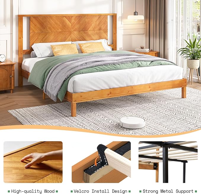 AMERLIFE Solid Wood King Size Bed Frame with Headboard, Mid Century Modern Style Platform Bed with Under-Bed Storage, No Box Spring Needed, Noise Free, Easy Assembly, Light Brown