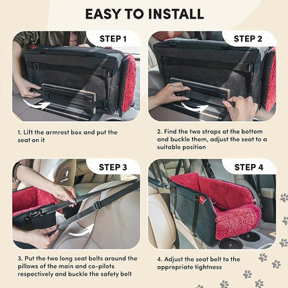 Center Console Dog Car Seat for Small Pets to 11lbs, Red | Anti-collapse armrest Console seat with washable fluffy cushion, pillow & tether for stable, cozy pet travel trips.