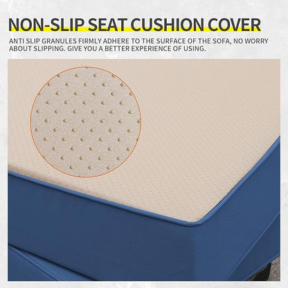 Lviden 7 Pieces Outdoor PE Wicker Furniture Set Patio Rattan Sectional Conversation Sofa Set with Navy Blue Cushions and Fire Pit Table